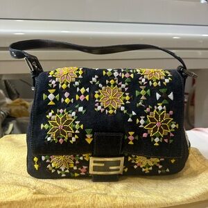 Fendi Black Embroidered Floral Shoulder Bag